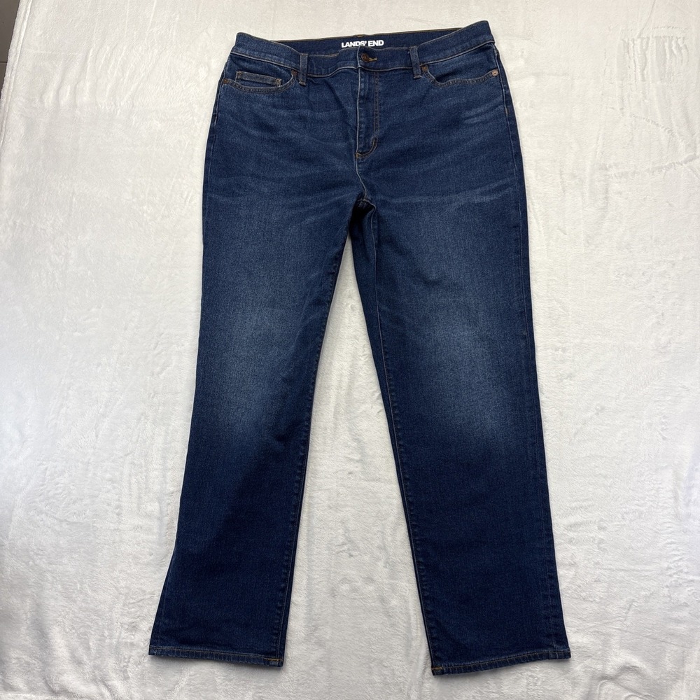 Lands End Womens Straight Leg Jeans Size 16 Dark Wash Stretch Denim NWOT